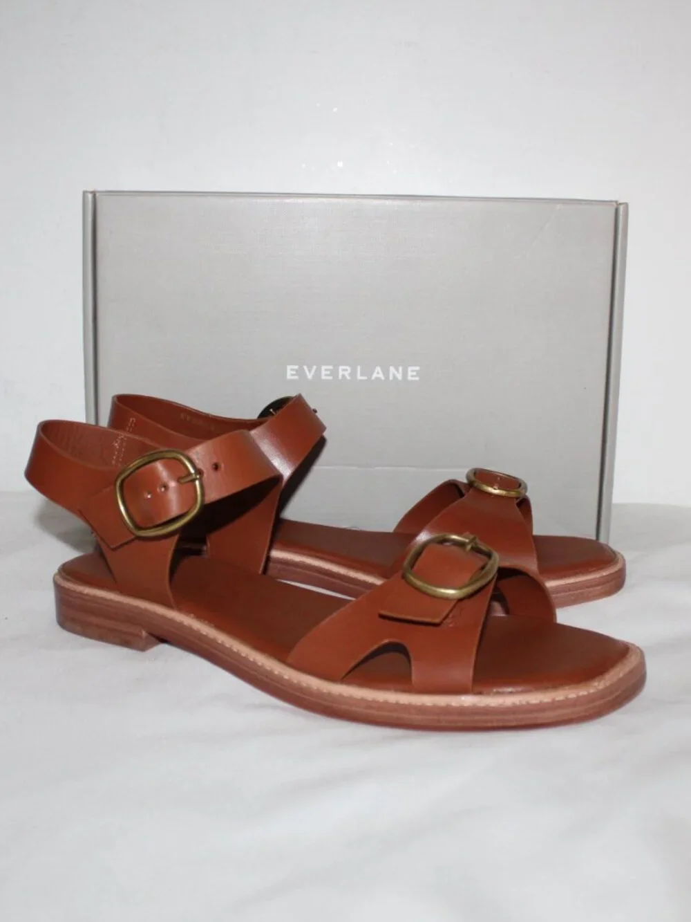 NWB EVERLANE Brown Leather Flats Buckle Sandals Ankle Strap 11